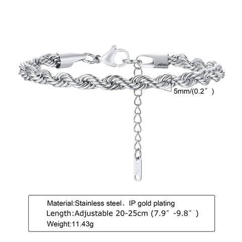 2-5MM Stainless Steel Rope Bracelets for Men Boys - Adjustable Gold Silver Links Wristband, Rock Punk Cool Jewelry Gift