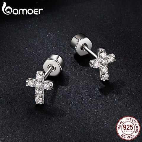 BAMOER White Gold Moissanite Cross Earrings – 925 Sterling Silver Stud Huggies