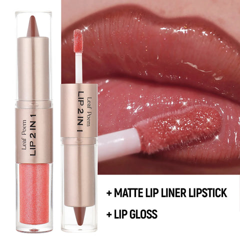 Black Brown Tapered Lip Liner & Contour Pencil with Double Head Mirror and Plumping Lip Glaze