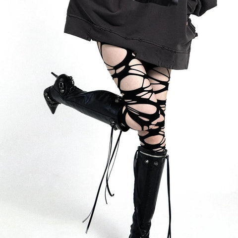 Y2K Punk Women’s Torn Strap Gothic Thigh Knee Socks