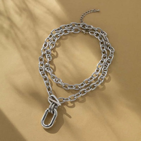 Exaggerated Gold Color Big Elliptical Pendant Necklace for Women - Punk Hip Hop Metal Chunky Chain OT Buckle Jewelry Gift