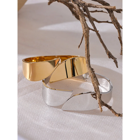 Yhpup Glossy Stainless Steel Wide Geometric Bracelet Bangle - 18K Gold PVD Plated Waterproof Jewelry