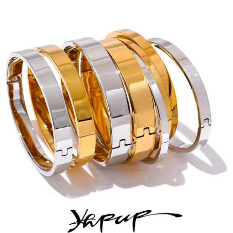 Yhpup High Quality Stainless Steel Round Wide Bracelet Bangle – Fashion Texture in Gold and Silver Color, Waterproof Charm Jewelry Gift