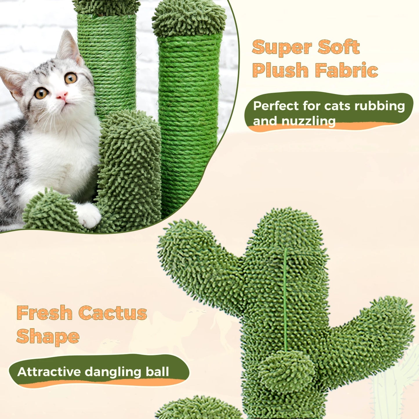 Cactus Cat Scratcher - Interactive Cat Scratching Post with 3 Scratching Poles and Dangling Ball