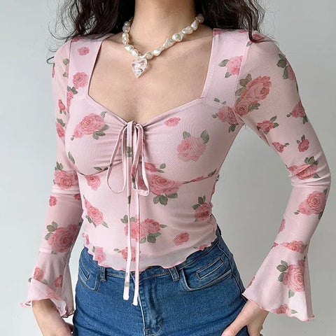 ITOOLIN Women Fit Floral Printed Sweet V-Neck T-shirts