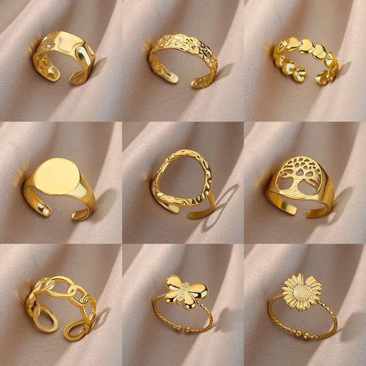 Irregular Hollow Opening Rings for Women - Gold Stainless Steel Geometric Fashion Jewelry