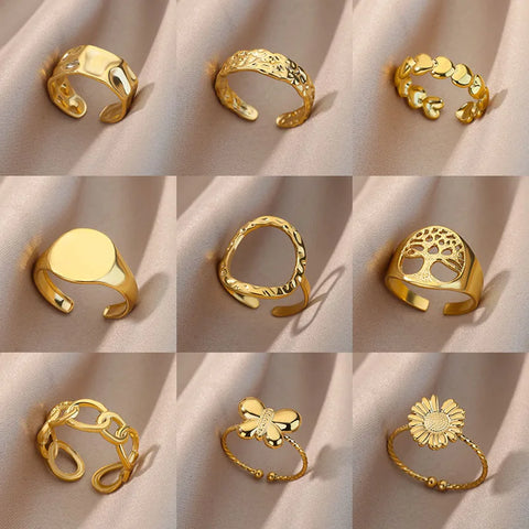 Irregular Hollow Opening Rings for Women - Gold Stainless Steel Geometric Fashion Jewelry