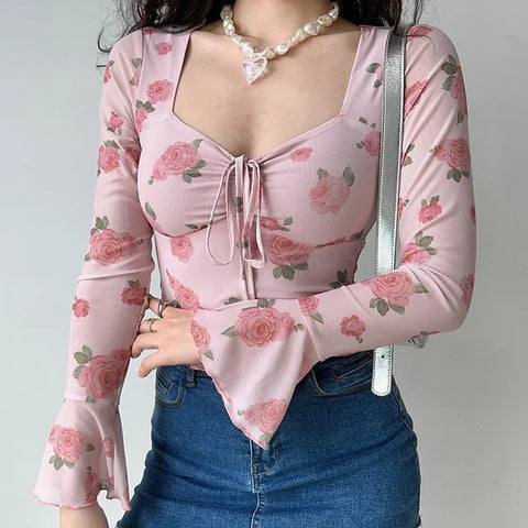 ITOOLIN Women Fit Floral Printed Sweet V-Neck T-shirts