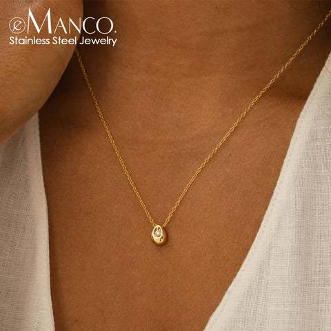 eManco Stainless Steel Gold-Plated Water Drop Pendant Necklace for Women – Adjustable Short Fine Jewelry