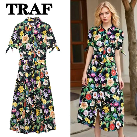 TRAF Floral Print Midi Dress for Women