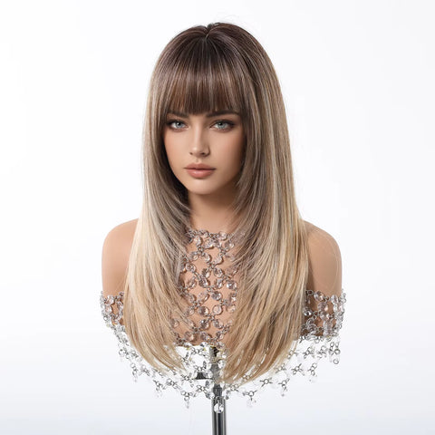 EASIHAIR Women Synthetic Wigs - Long Brown Ombre Blonde Layered Wigs with Curtain Bangs for Daily Use