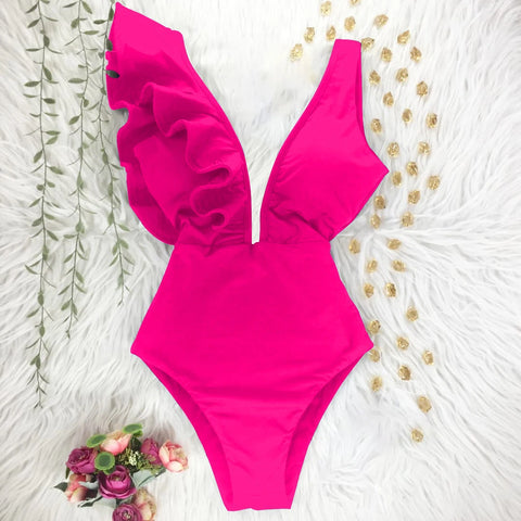 Badpak met ruches en diepe V-hals – monokini met bloemenprint en push-up-effect voor dames