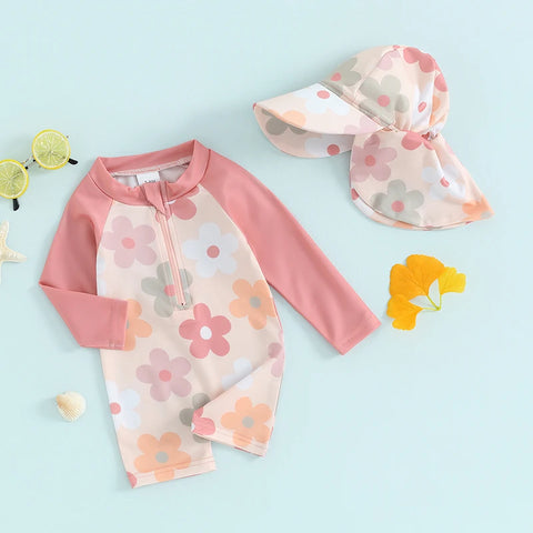 Tregren Toddler Girls Rash Guard Swimsuit with Swim Cap
