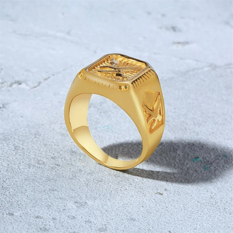 Gold Plated Bald Eagle Signet Ring for Men - Stainless Steel Bird Band Jewelry