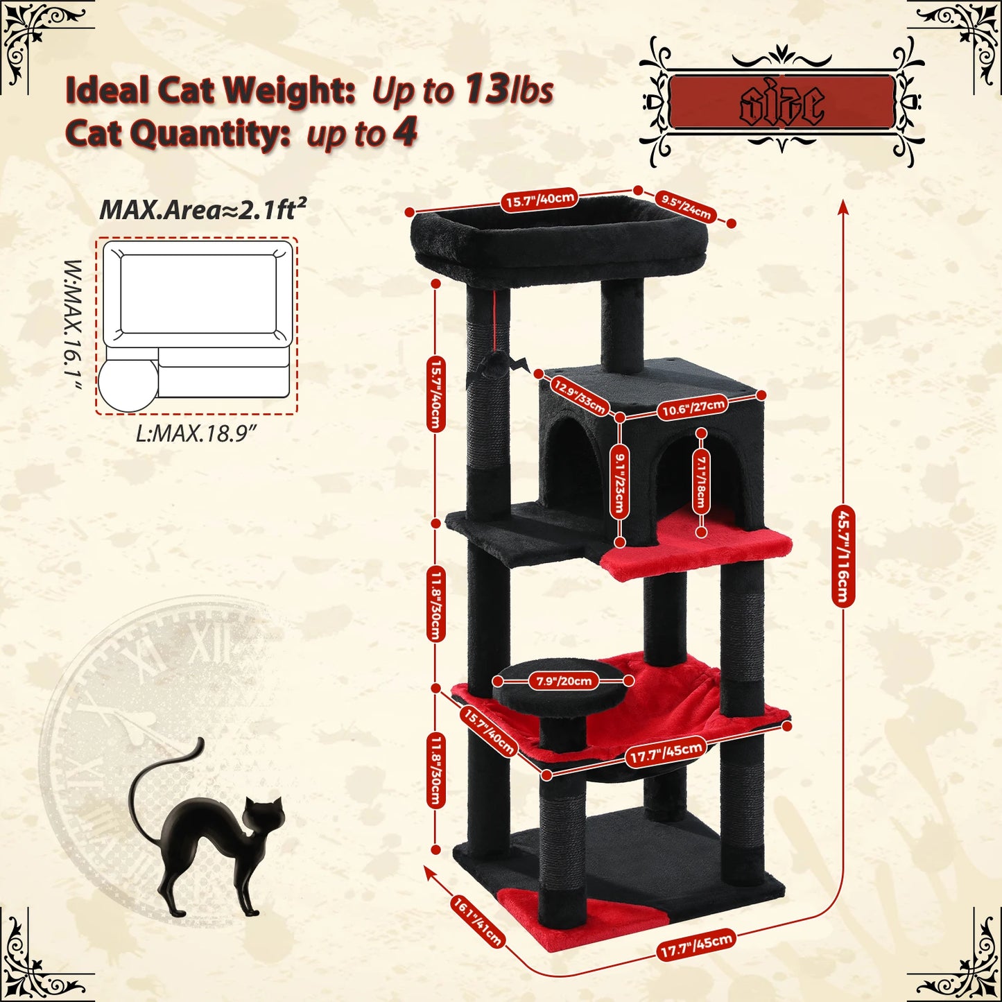 Gothic Cat Tree for Indoor Cats with Large Hammock and Scratching Posts