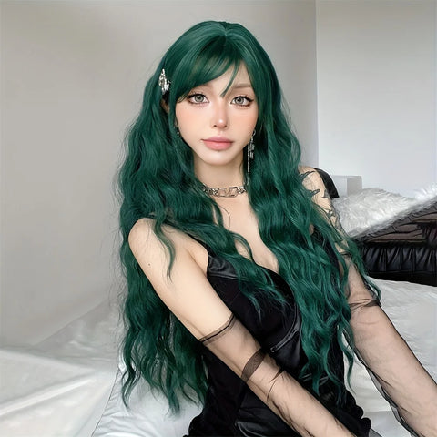 Light Green Long Wavy Synthetic Wig with Bangs - Blackish Green Cosplay Wig for Women, Ideal for Halloween