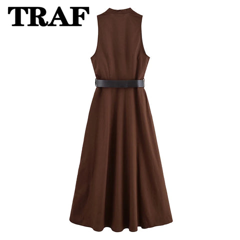TRAF Fashion V-Neck Sleeveless Midi Dress for Women