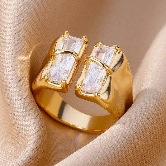 Irregular Square Zircon Rings for Women - Stainless Steel Geometric Opening Ring for Weddings and Parties | Trendy Fashion Jewelry Gift 2025