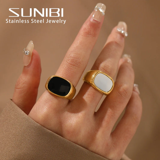 SUNIBI Square Vintage Shell Ladies Ring - Chunky Stainless Steel White Gold Color Statement Jewelry