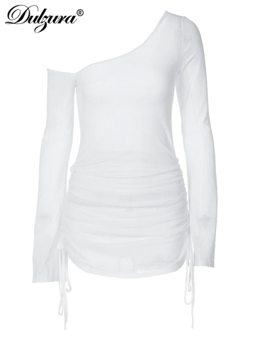 Dulzura effen mini-jurk met schuine kraag, gerimpelde bandjes en vetersluiting - Zomer 2023 damesfeestkleding
