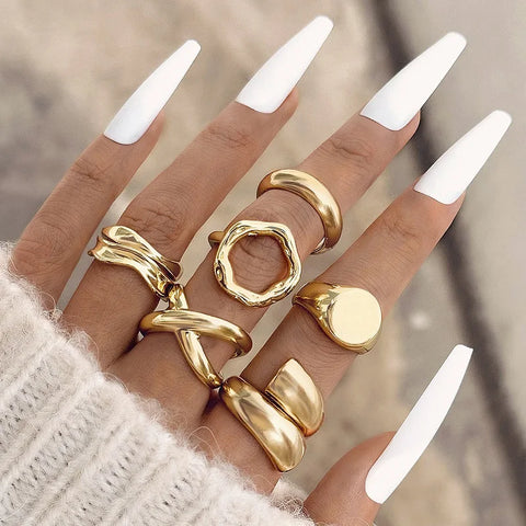 6Pcs/Set Gold Color Smooth Geometric Open Rings Set for Women - Chunky Metal Jewelry Gift