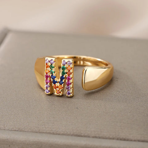 Rainbow Zircon Letter Rings - Stylish A-Z Chunky Wide Stainless Steel Jewelry for Women