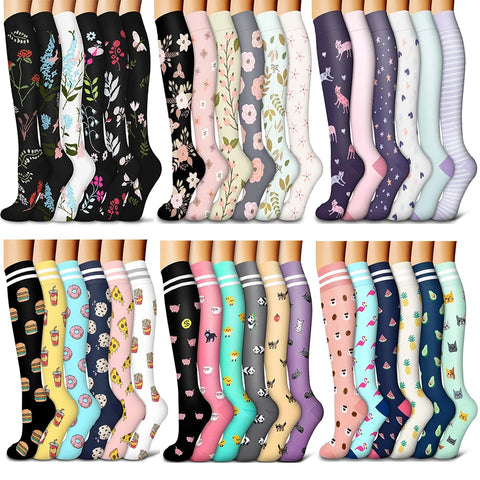 6 Pairs of Floral Pattern Compression Stockings for Men & Women - Ideal for Edema and Varicose Veins
