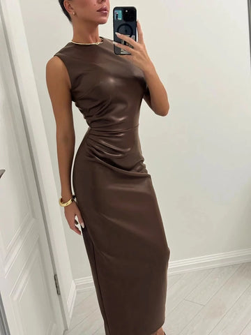 TARUXY Mouwloze leren maxi-jurk voor dames - Sexy heupomhullende feestjurk met hoge taille