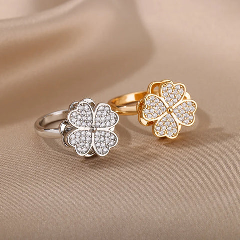 Zircon Rotatable Four Leaf Clover Anxiety Rings for Women - Stainless Steel Fidget Spinner Ring - Aesthetic Jewelry Gift