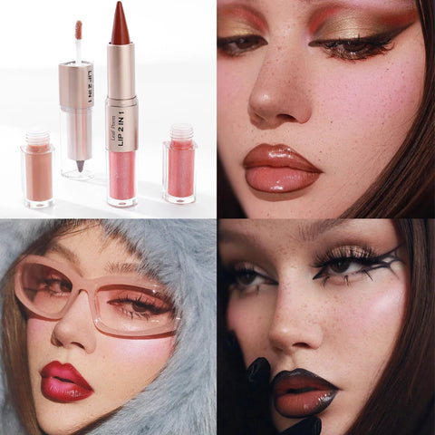 Black Brown Tapered Lip Liner & Contour Pencil with Double Head Mirror and Plumping Lip Glaze