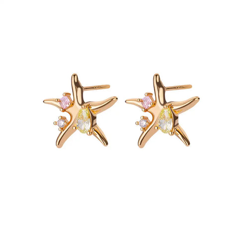 Zircon Starfish Stud Earrings for Women - Gold Stainless Steel Statement Jewelry Gift