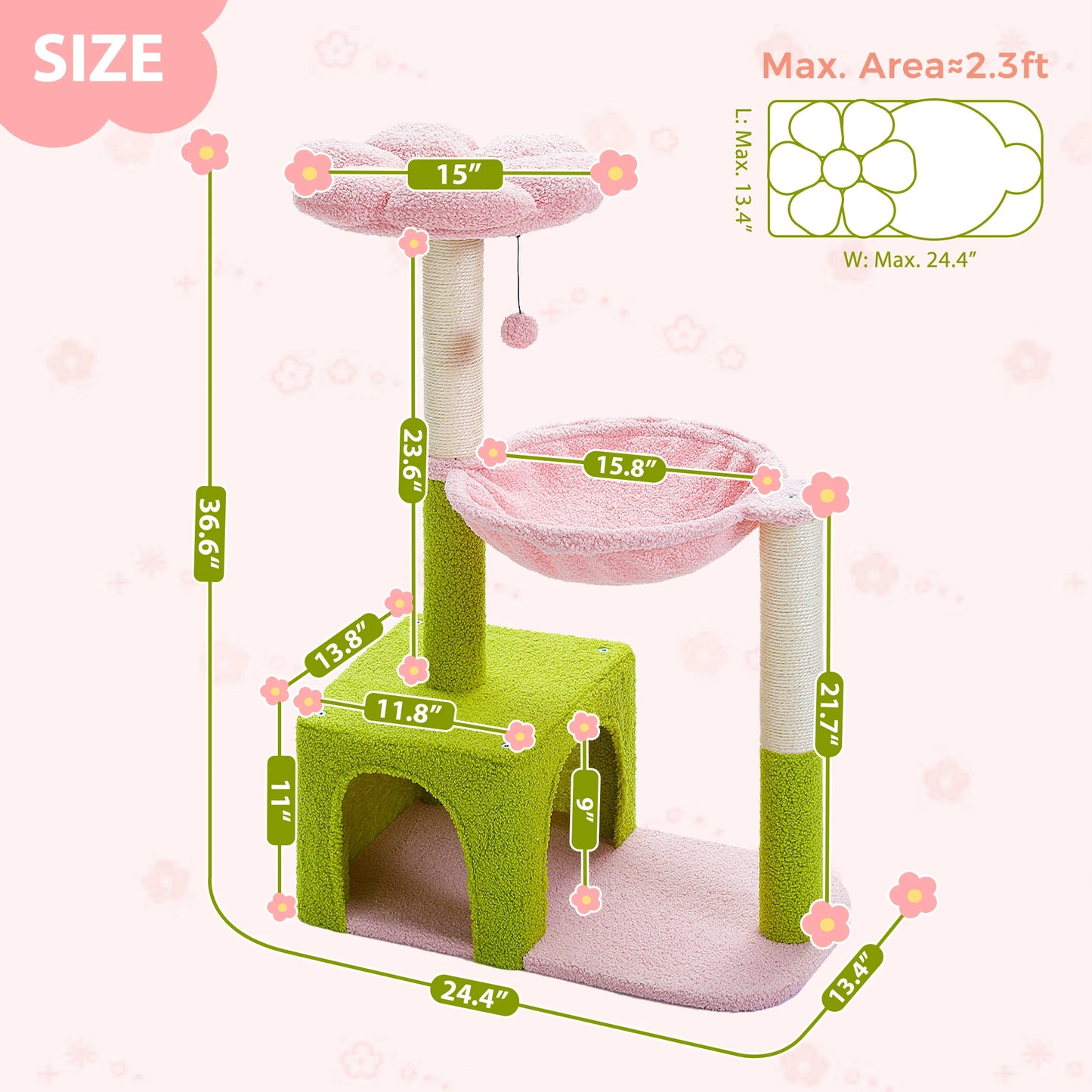Flower Cat Tree with Large Metal Frame Hammock - Cute Cat Tower with Sisal Scratching Posts for Indoor Cats