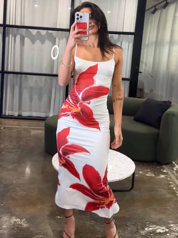 Tossy Summer Printed Maxi-jurk voor dames - Rugloze, modieuze, slanke spaghettijurk met hoge taille