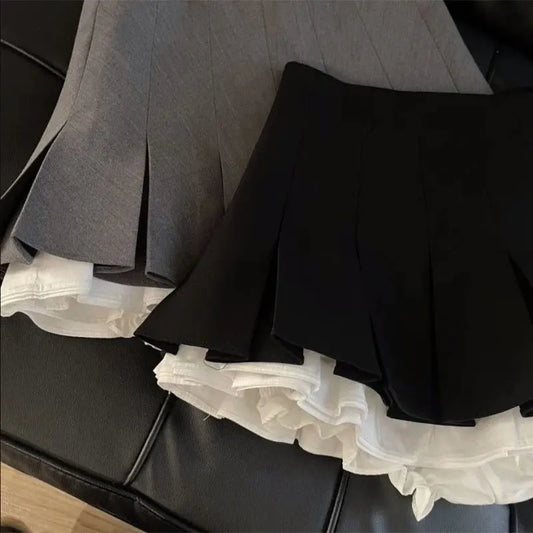 Mooyufon Ruffles Black Mini Skirt for Women – Korean Patchwork Pleated Skirts