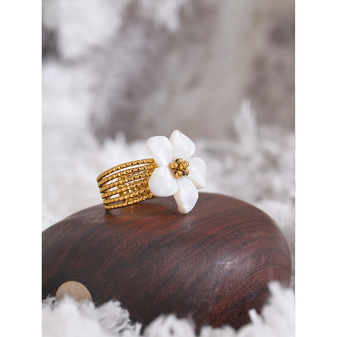 Yhpup Thicker Natural Shell Flower Open Gold Color Ring - Fashion Stainless Steel Waterproof Jewelry