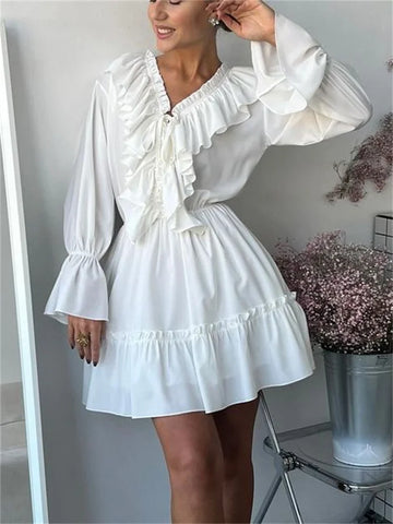 Tossy Ruffled V-hals witte mini-jurk - Elegante lange mouwen veterjurk voor vrouwen