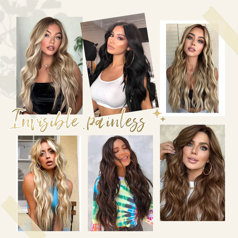 Synthetic U-Shaped 10 Clip In Hair Extension 22 Inch Wavy Black Blonde