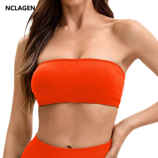 NCLAGEN Backless Bandeau Sports Bra - Stylish Seamless Yoga Crop Top for Women
