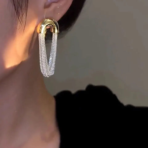 Elegant Silver Multi-Layer Geometric Tassel Chain Earrings for Women