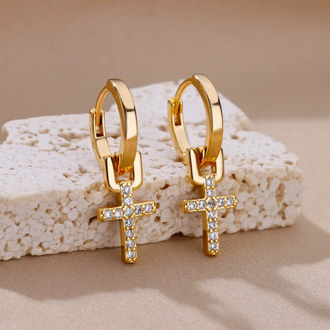 Zircon Cross Dangle Earrings for Women – Trendy Stainless Steel Wedding Jewelry