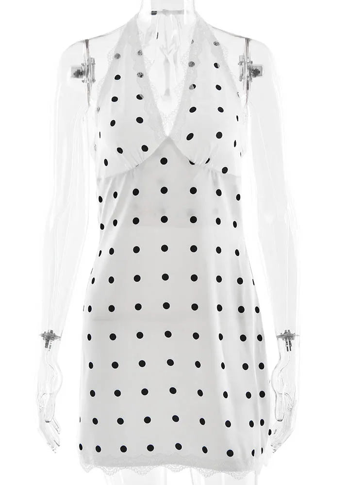 Fantoye Patchwork Print Polka Dot Lace Women Dress - White Sexy Deep V-neck Halter Dress for Summer Parties and Casual Outings