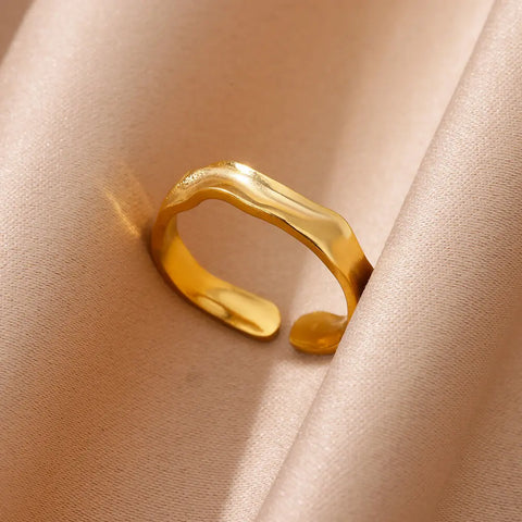 Minimalist Texture Stainless Steel Geometric Rings for Women - Gold Color Opening Couple Ring for Aesthetic Weddings and Christmas Jewelry