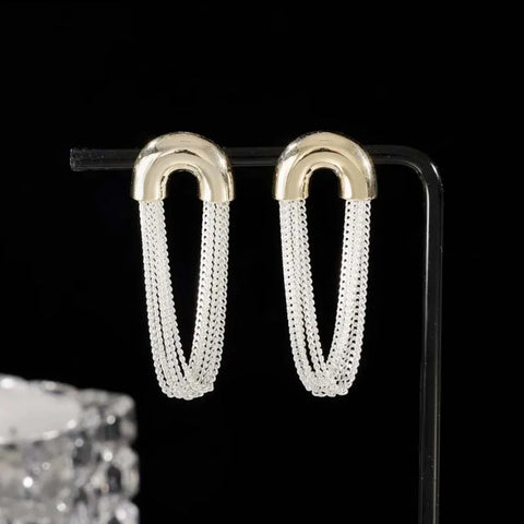 Elegant Silver Multi-Layer Geometric Tassel Chain Earrings for Women
