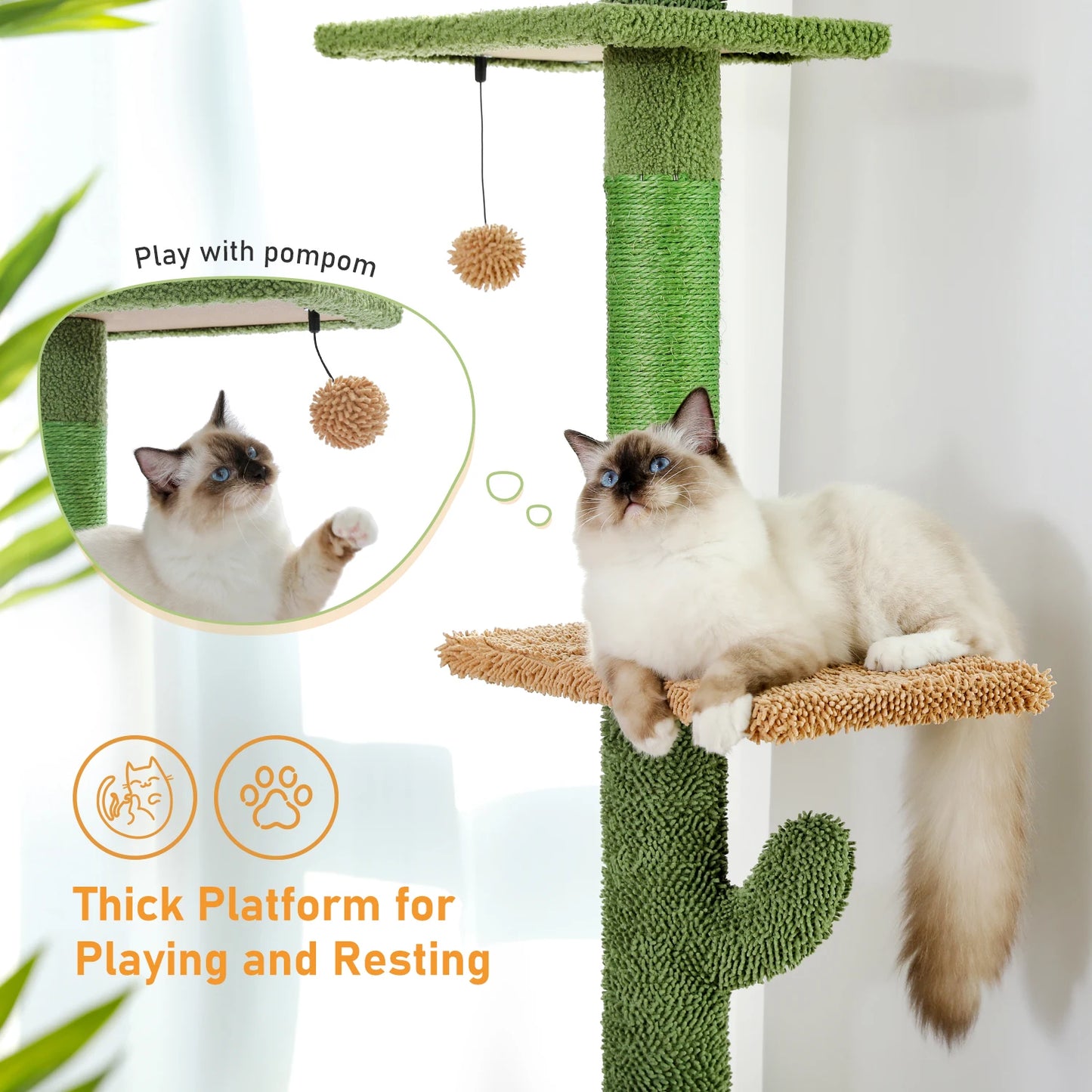 5-Tier Floor to Ceiling Cat Tree Cactus Tower with Scratching Post, Hammock & Dangling Ball