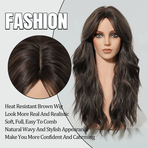 EASIHAIR Long Wavy Brown Synthetic Wig for Women with Side Bangs - Natural Look, Heat Resistant for Daily Wear