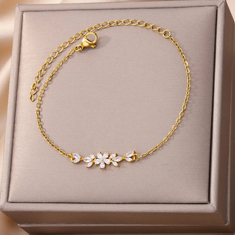 Elegant Zircon Flowers Bracelet for Women and Girls – Luxury Gold Color Stainless Steel Plant Charm Jewelry
