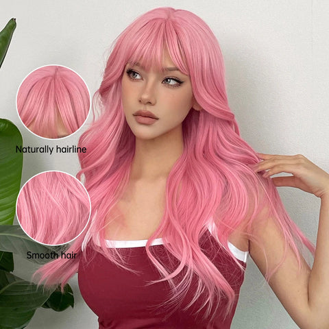 Light Pink Long Wavy Cosplay Synthetic Hair Wig with Bangs - Perfect for Halloween and Daily Wear