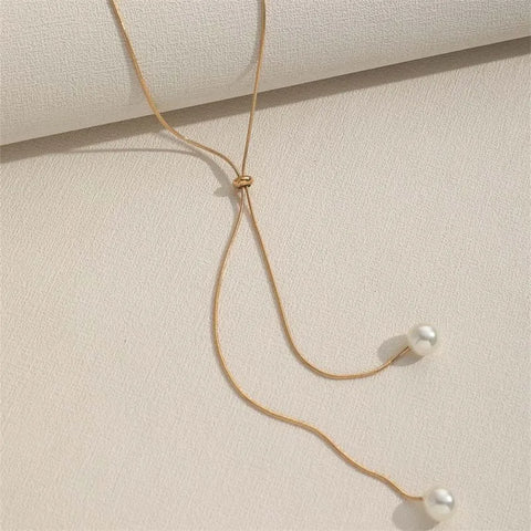 Silver Long Tassel Pearl Pendant Necklace - Adjustable Choker Jewelry for Women