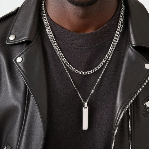 2pcs Vertical Layer Necklaces for Men and Boys | Waterproof Stainless Steel Cuban Chain Collar