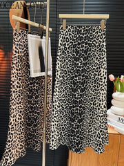 OCEANLOVE Vintage Leopard Satin A-line Skirt - Elegant High Waist Mermaid Style for Spring/Summer